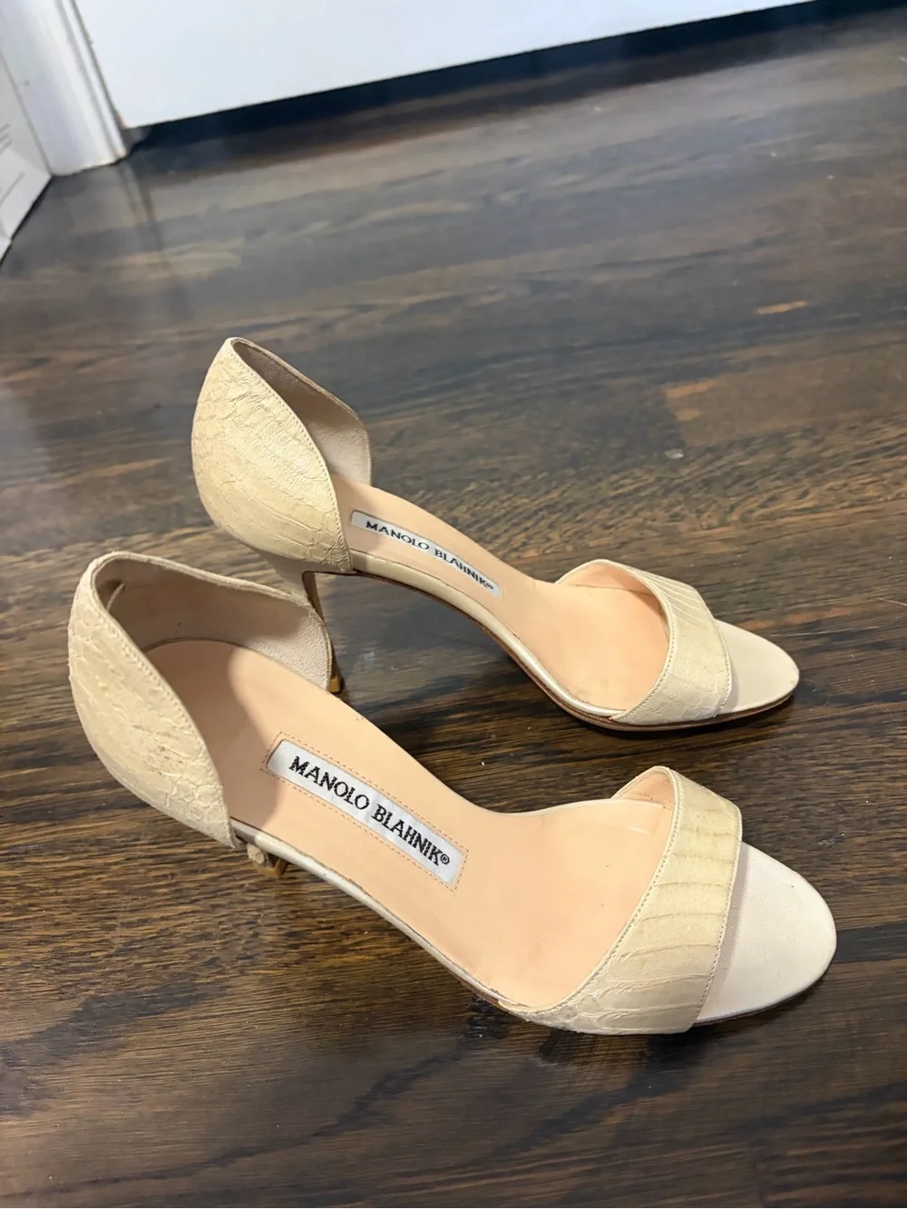 Manolo Blahnik Cream D'Orsay Open-Toe Heels